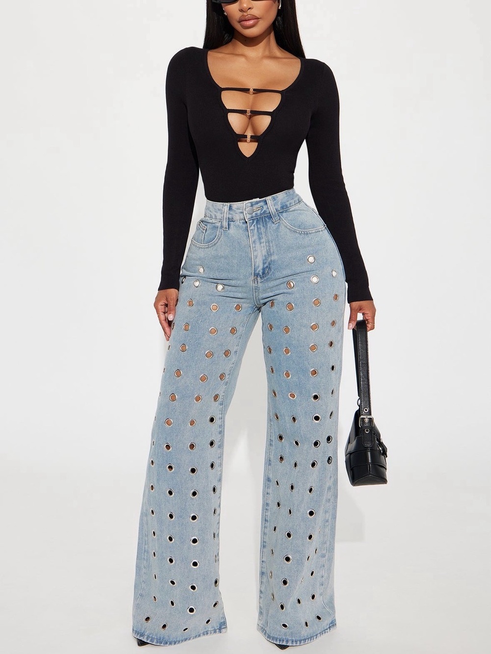 Fashion Nova Throwing You Off Silver Embellished Grommet Wide Leg Flare Jeans